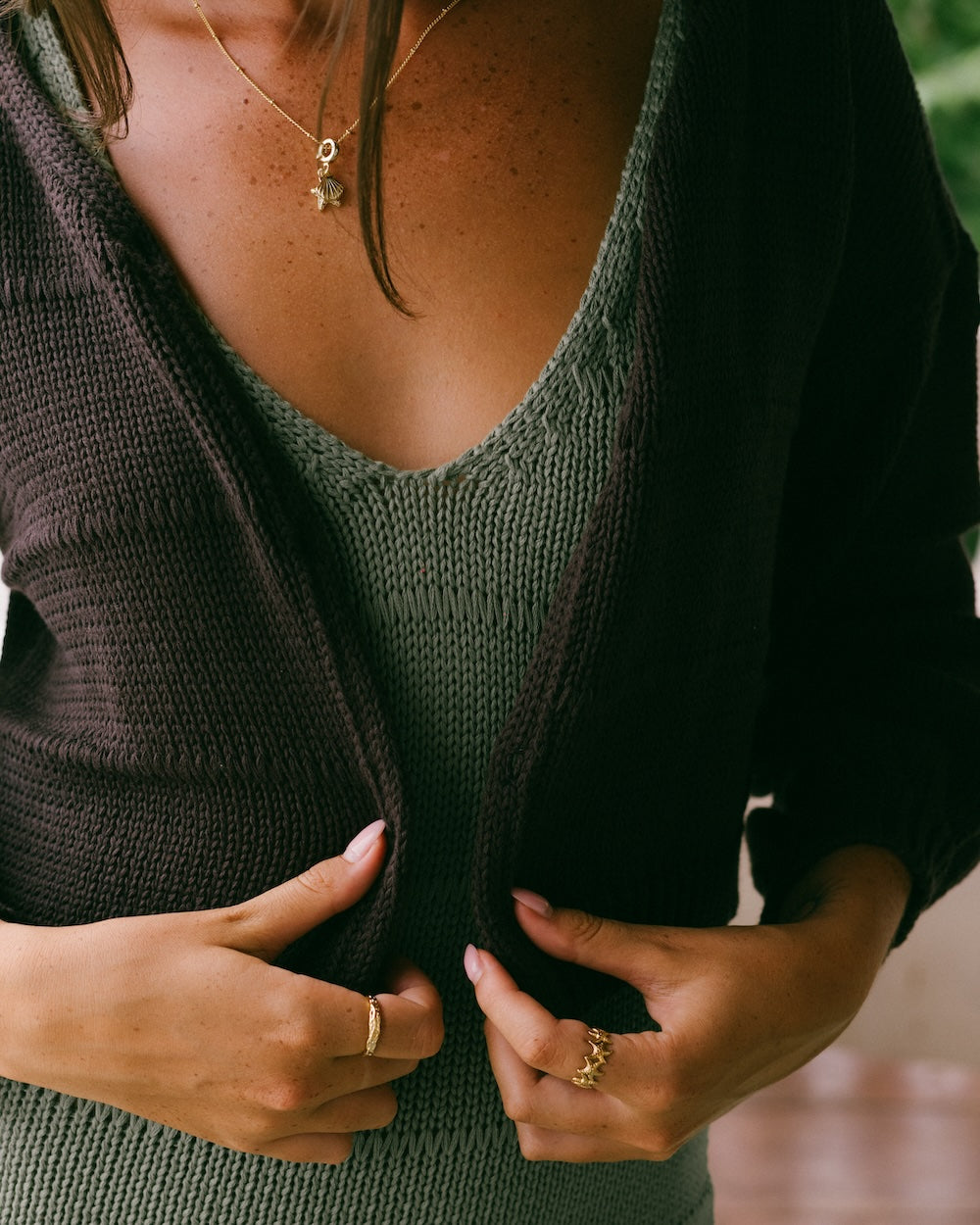 Winnie knit chocolate cardigan open knit layered over the sage Noa maxi knit dress - mindful knitwear crafted from cotton