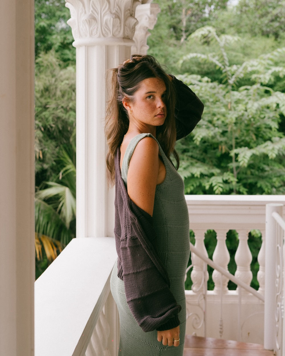 Malia the label chocolate knit cardigan layered over the Noa knitwear maxi dress in sage - Malia the label detailed knitwear